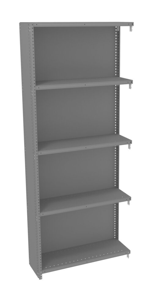 A tall, empty, gray metal shelving unit with five adjustable shelves. The shelf is freestanding and has a simple, industrial design, suitable for storage in garages, warehouses, or offices.