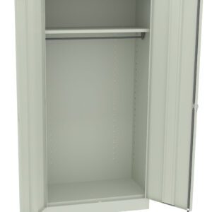 A grey metal storage cabinet with two open doors, revealing an empty interior. The cabinet has a single shelf at the top and a rail below it for hanging items. The design is simple and utilitarian.