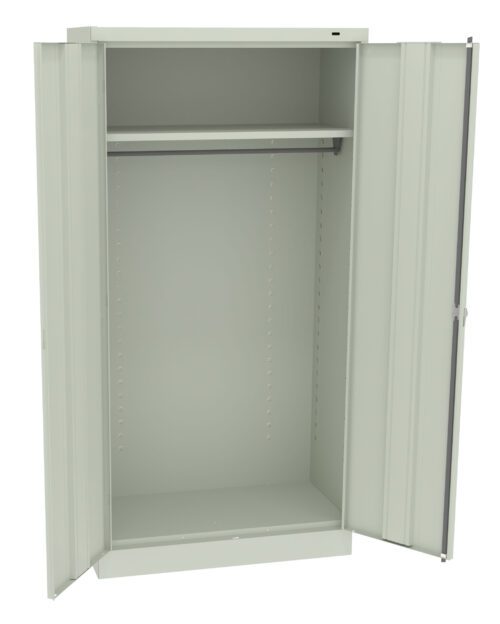 nyeebep671ahheyffrqc.jpg A grey metal storage cabinet with two open doors, revealing an empty interior. The cabinet has a single shelf at the top and a rail below it for hanging items. The design is simple and utilitarian.