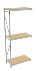A three-tier metal shelving unit with wooden shelves. The frame is light gray with support beams on the side. Each shelf is evenly spaced. The overall design is minimalist and functional, suitable for organizing items.