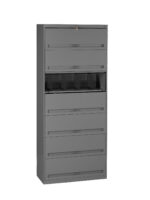 Tall grey filing cabinet with six drawers and a middle section featuring open vertical slots. The top drawer is locked, and the cabinet has a sleek, minimalist design.