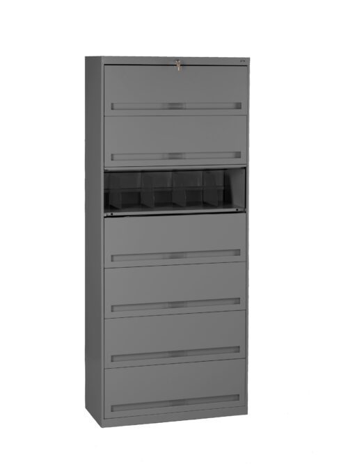 Tall grey filing cabinet with six drawers and a middle section featuring open vertical slots. The top drawer is locked, and the cabinet has a sleek, minimalist design.