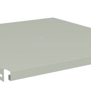 A light gray, flat metal panel with raised edges on two sides. The panel has a simple design, with a smooth finish and small white dots near the center. The angled view highlights its thickness and structural details.