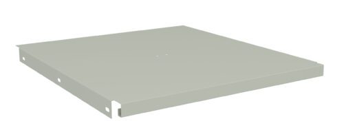 A light gray, flat metal panel with raised edges on two sides. The panel has a simple design, with a smooth finish and small white dots near the center. The angled view highlights its thickness and structural details.