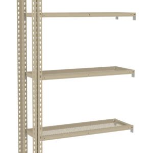 A beige metal shelving unit with five adjustable perforated shelves and a vertical support structure on the left side. The shelves are evenly spaced and the design allows for airflow through the perforations.