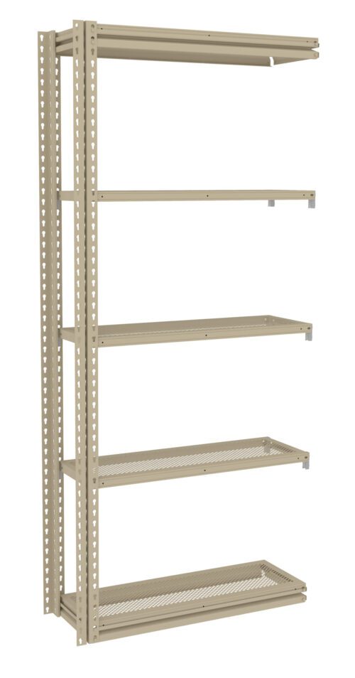 nynnyevkkv0awsw9uhtn.jpg A beige metal shelving unit with five adjustable perforated shelves and a vertical support structure on the left side. The shelves are evenly spaced and the design allows for airflow through the perforations.