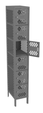 A tall, dark gray metal locker with multiple compartments. Each compartment features an open lattice design on the doors for ventilation. One door is slightly ajar, revealing an empty interior. The locker stands on four sturdy legs.