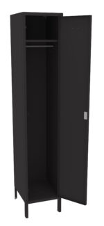 A tall, black metal locker with an open door, revealing an empty interior. It has a single rod for hanging items and stands on four small legs.