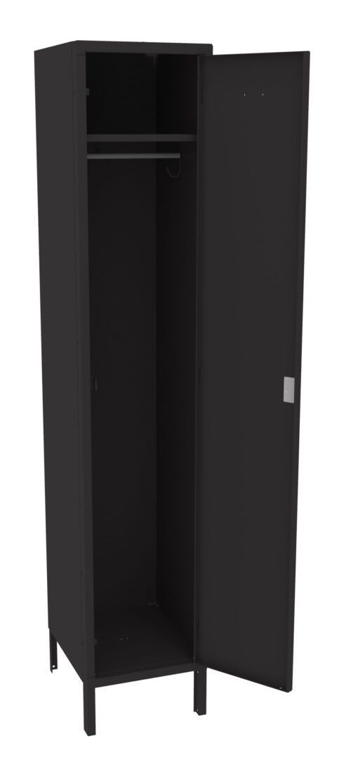 A tall, black metal locker with an open door, revealing an empty interior. It has a single rod for hanging items and stands on four small legs.