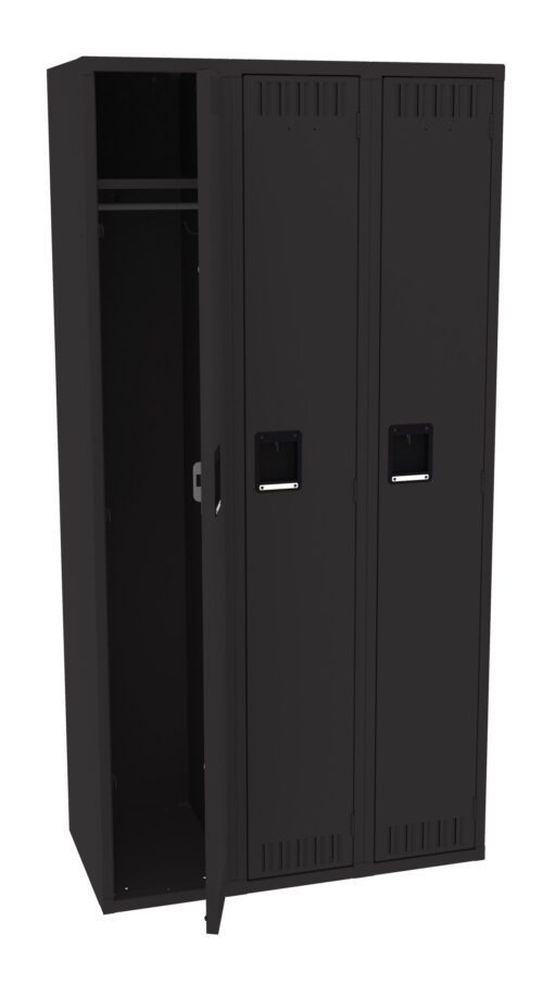 A black, three-compartment metal locker with box handles. The left door is slightly open revealing an empty interior with a hanging rod. The surface is smooth, and ventilation slots are visible at the top and bottom of each door.