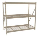 A beige metal shelving unit with three open wire shelves, designed for industrial or garage storage. The frame has sturdy cross-bracing for support.