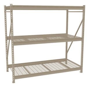 A beige metal shelving unit with three open wire shelves, designed for industrial or garage storage. The frame has sturdy cross-bracing for support.