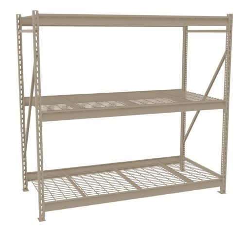 A beige metal shelving unit with three open wire shelves, designed for industrial or garage storage. The frame has sturdy cross-bracing for support.