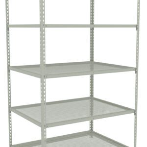 A metal shelving unit with four adjustable perforated shelves. The structure is light gray and consists of vertical bars with holes for adjusting shelf heights. The design is simple and industrial, suitable for storage purposes.