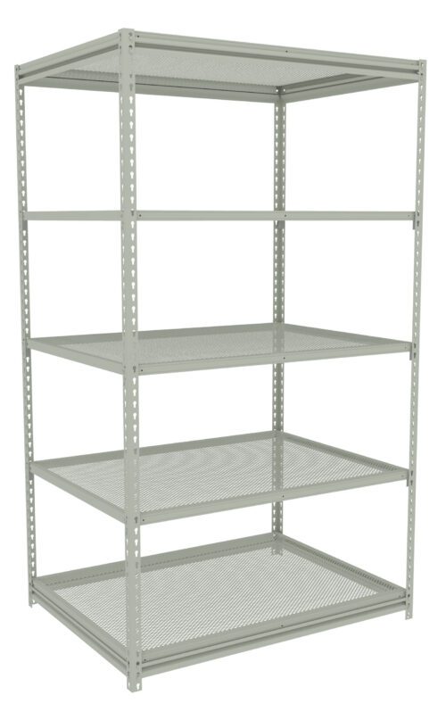 A metal shelving unit with four adjustable perforated shelves. The structure is light gray and consists of vertical bars with holes for adjusting shelf heights. The design is simple and industrial, suitable for storage purposes.
