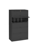 Black metal filing cabinet with five drawers, including one open drawer revealing interior dividers. Top drawer is smaller with a lock, while the remaining are larger for storage. The cabinet has a sleek, modern design against a white background.