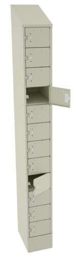 A tall, light gray locker unit with multiple small compartments. Some locker doors are open, revealing empty storage spaces inside. The lockers feature combination locks on each door. The unit is shown against a plain white background.