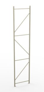 A tall, metal shelving rack frame with vertical and diagonal supports against a white background. The frame is empty, showcasing its structure for potential shelving setup.