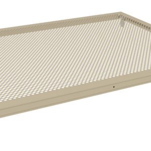 A beige, rectangular, perforated metal shelf on a white background. The shelf has small round holes evenly spaced across its surface and a solid border around the edges. The construction is simple and functional.