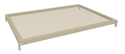 o06adhievj1ckouxmxq0.jpg A beige, rectangular, perforated metal shelf on a white background. The shelf has small round holes evenly spaced across its surface and a solid border around the edges. The construction is simple and functional.