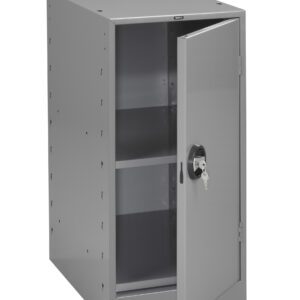 A gray metal cabinet with an open door revealing two shelves inside. The door has a round lock with a pair of keys hanging from it. The cabinet is simple and industrial in design.