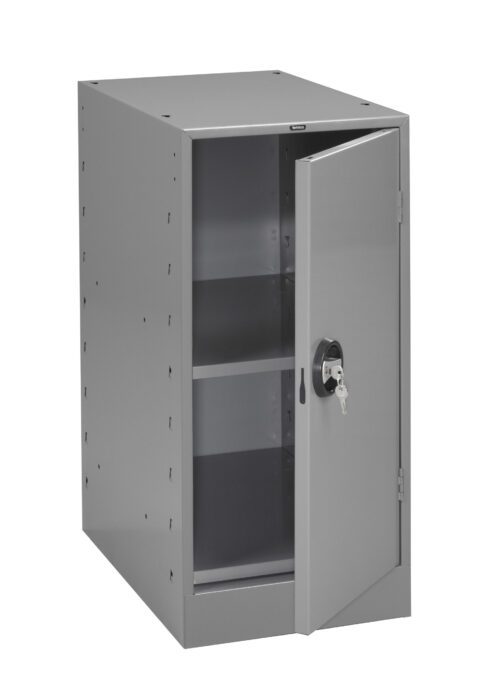 o1anow7nxtyfr7f7r7lf.jpg A gray metal cabinet with an open door revealing two shelves inside. The door has a round lock with a pair of keys hanging from it. The cabinet is simple and industrial in design.