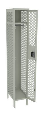 Open metal locker with perforated sides and door, featuring a shelf and a latch for locking. The locker is painted in a light gray color.