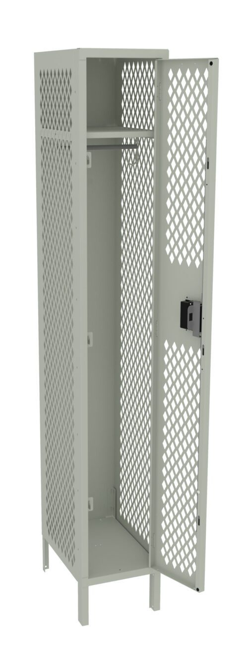 Open metal locker with perforated sides and door, featuring a shelf and a latch for locking. The locker is painted in a light gray color.