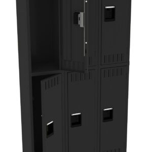 A black storage cabinet with six individual locker compartments, where two lockers are open, revealing an empty interior. The cabinet stands upright on small legs. Each door has a rectangular handle.