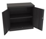 A black metal cabinet with two open doors, revealing an interior with a single adjustable shelf. The cabinet has a simple, modern design and is empty.