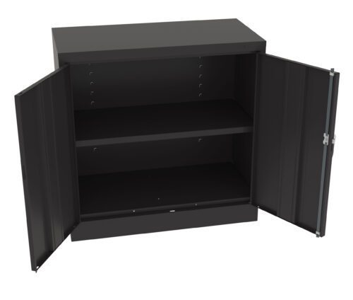 o1qfcxgw2cdvqnqofqbb.jpg A black metal cabinet with two open doors, revealing an interior with a single adjustable shelf. The cabinet has a simple, modern design and is empty.