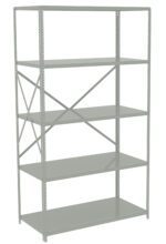 A metal shelving unit with five adjustable shelves and cross-bracing for support. The shelves are evenly spaced and the unit is designed for storage, typically used in garages, warehouses, or workshops.