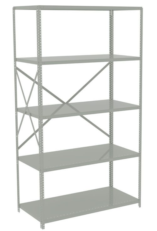 A metal shelving unit with five adjustable shelves and cross-bracing for support. The shelves are evenly spaced and the unit is designed for storage, typically used in garages, warehouses, or workshops.