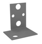 A gray metal right-angle bracket with five circular holes of various sizes, designed for mounting or structural support. The vertical and horizontal sections each have holes, allowing for versatile attachment.