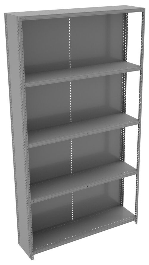 A tall, gray metal shelving unit with five evenly spaced shelves. The shelves have perforated side supports, and the structure appears sturdy. The background is plain white, emphasizing the simplicity of the shelving units design.