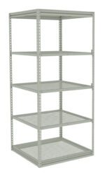 A gray metal storage shelf unit with five wire mesh shelves is shown against a plain white background. The shelf structure is rectangular and features perforated uprights for adjustable shelf height.