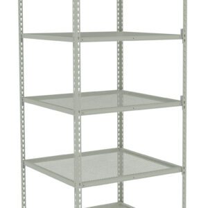 A gray metal storage shelf unit with five wire mesh shelves is shown against a plain white background. The shelf structure is rectangular and features perforated uprights for adjustable shelf height.