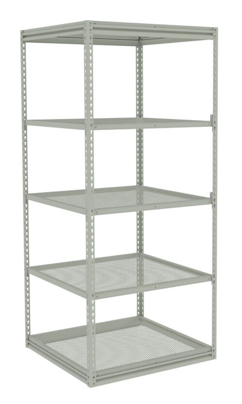 A gray metal storage shelf unit with five wire mesh shelves is shown against a plain white background. The shelf structure is rectangular and features perforated uprights for adjustable shelf height.