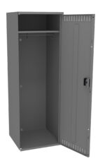 A gray metal locker with an open door, revealing an empty interior. There is a clothing rod at the top for hanging items, and the locker features a latch for securing the door.