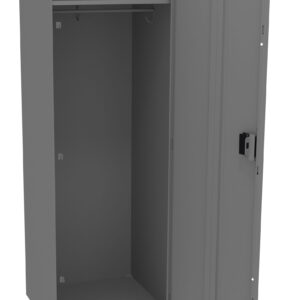 A gray metal locker with an open door, revealing an empty interior. There is a clothing rod at the top for hanging items, and the locker features a latch for securing the door.
