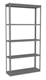 Gray metal shelving unit with five adjustable shelves, designed for storage. It features a simple, industrial style with perforated uprights for flexibility in shelf placement.