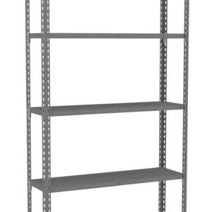 Gray metal shelving unit with five adjustable shelves, designed for storage. It features a simple, industrial style with perforated uprights for flexibility in shelf placement.