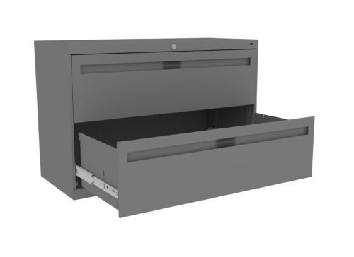 A gray metal filing cabinet with two drawers. The top drawer is closed, and the bottom drawer is pulled open, showing its interior. The cabinet has a lock on the top drawer.