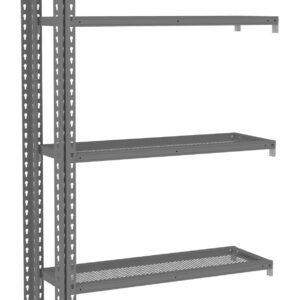 A tall, gray metal shelving unit with five adjustable shelves. The shelves have a mesh design for ventilation and durability, and the unit has numerous pre-drilled holes along the sides for height customization.