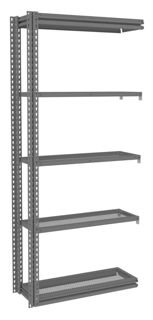 A tall, gray metal shelving unit with five adjustable shelves. The shelves have a mesh design for ventilation and durability, and the unit has numerous pre-drilled holes along the sides for height customization.