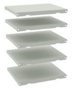 Five gray, flat, rectangular shelves are shown in a vertical stack with equal spacing between them, displayed against a white background. Each shelf has small holes near the corners for mounting or assembly.