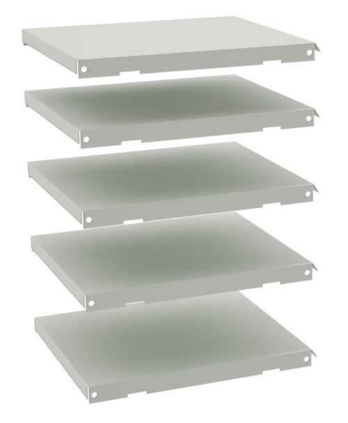 Five gray, flat, rectangular shelves are shown in a vertical stack with equal spacing between them, displayed against a white background. Each shelf has small holes near the corners for mounting or assembly.