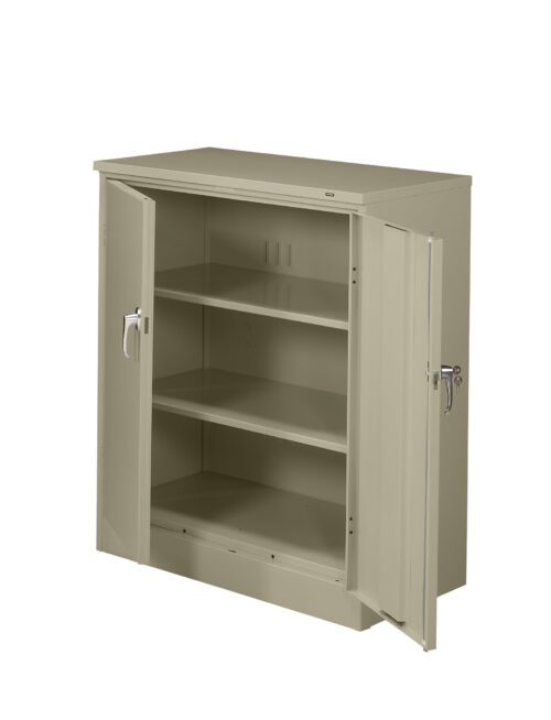 o782qdwcmnnvg2jmocku.jpg An open metal storage cabinet with two doors, featuring two adjustable shelves inside. The cabinet is light gray in color and has locking handles on each door. The design is industrial and functional, suitable for office or workshop use.