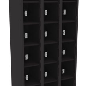 Tall black locker unit with three columns and five rows of compartments, totaling fifteen lockers. Each locker door features a silver handle. The unit is empty and stands against a plain background.