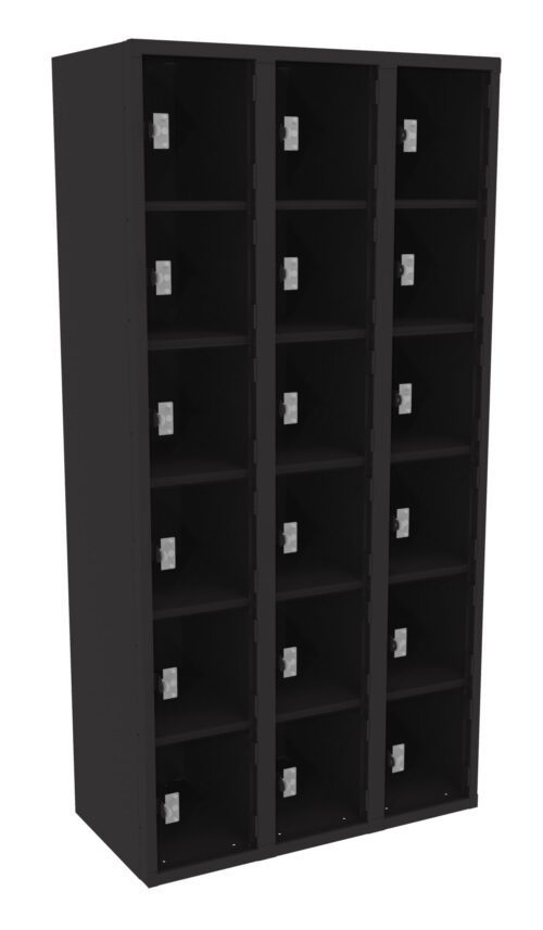 Tall black locker unit with three columns and five rows of compartments, totaling fifteen lockers. Each locker door features a silver handle. The unit is empty and stands against a plain background.